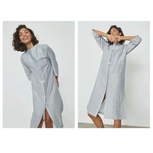 NWOT Lunya Linen Silk Long Tunic Robe Striped White Blue Size Small